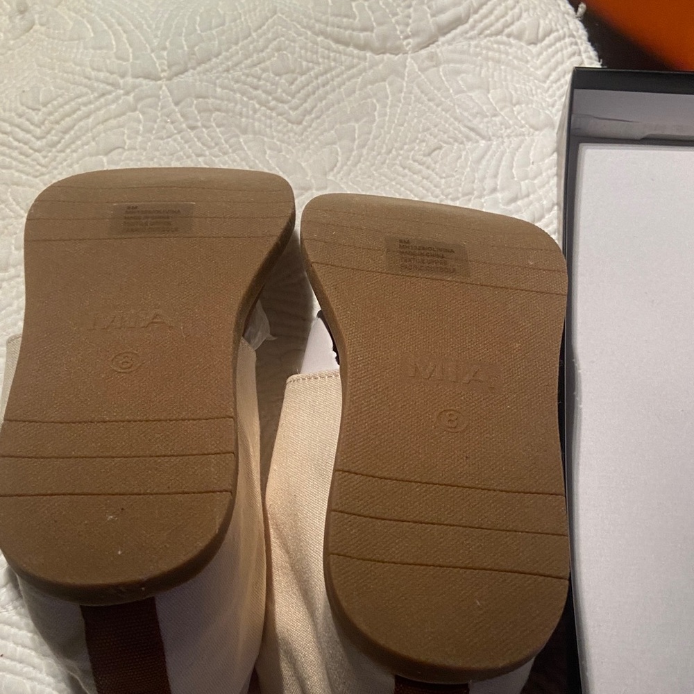 MIA Cream Canvas Wrap Sandals with Brown Footbed - Picture 5 of 5